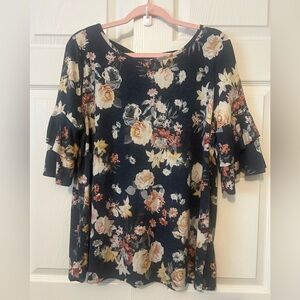 Perch Navy floral short sleeve with bow tie back 1x